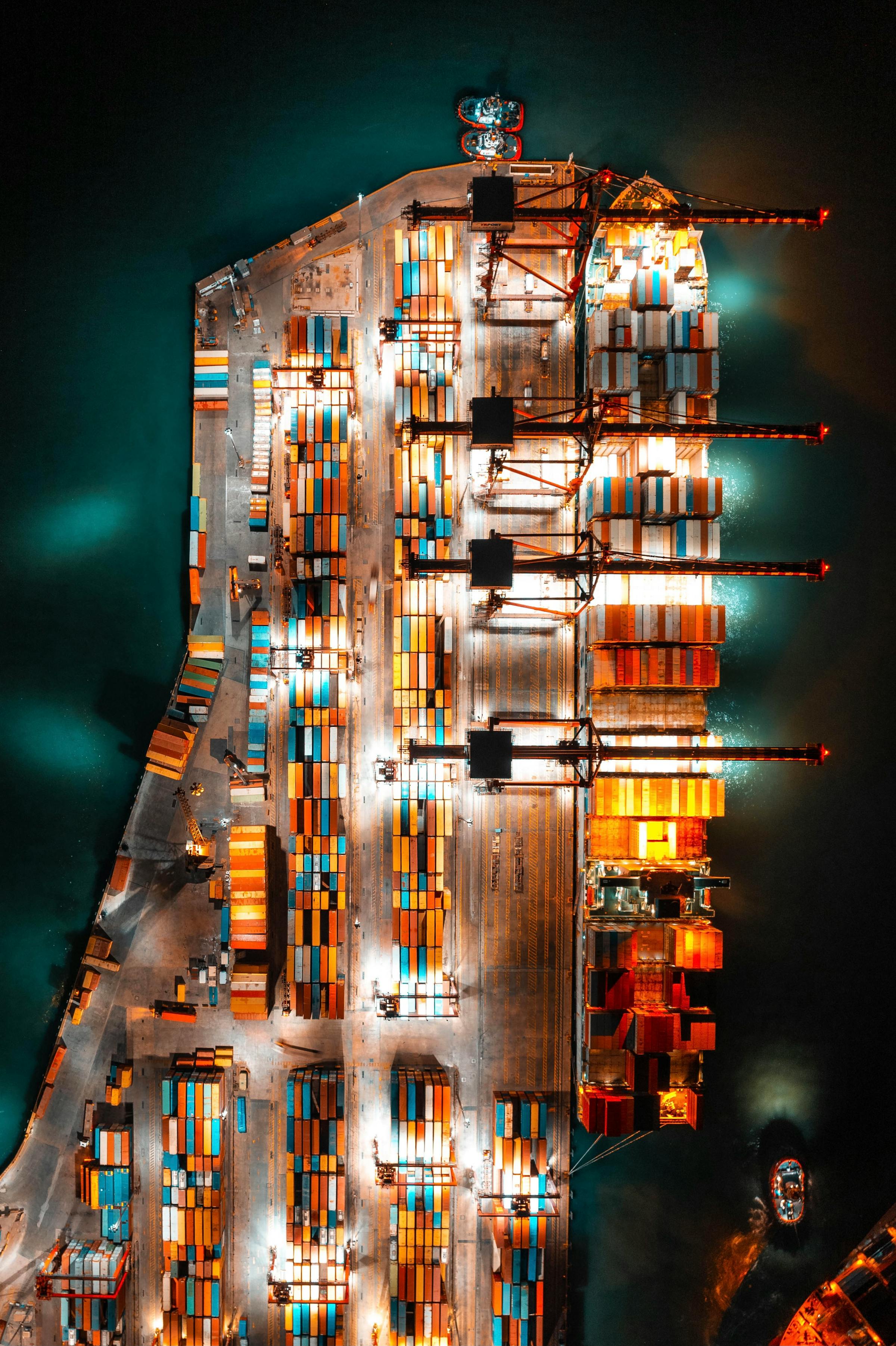 Aerial view of a container port at night